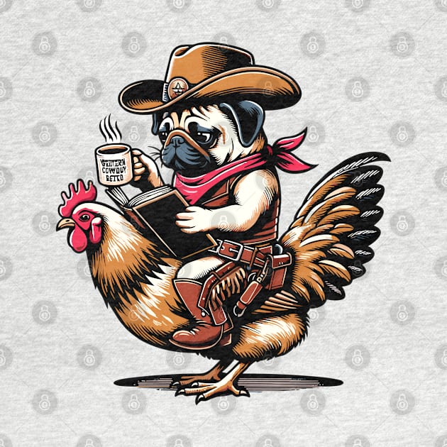 Pug Riding A Chicken With A Book And A Coffee by VisionDesigner